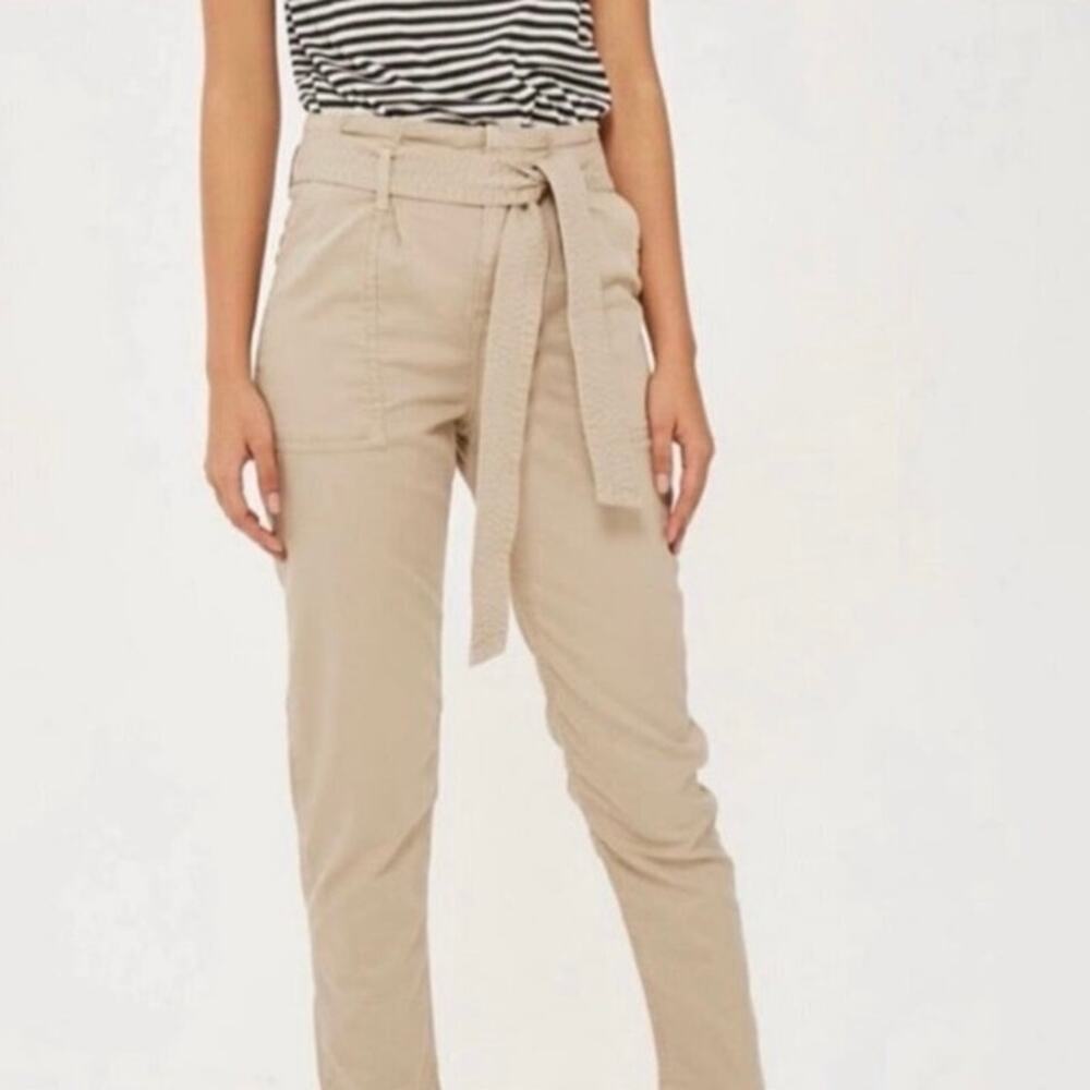 Topshop Paperbag Utility Tie Waist Beige Tapered Pants Womens US 2 Khaki